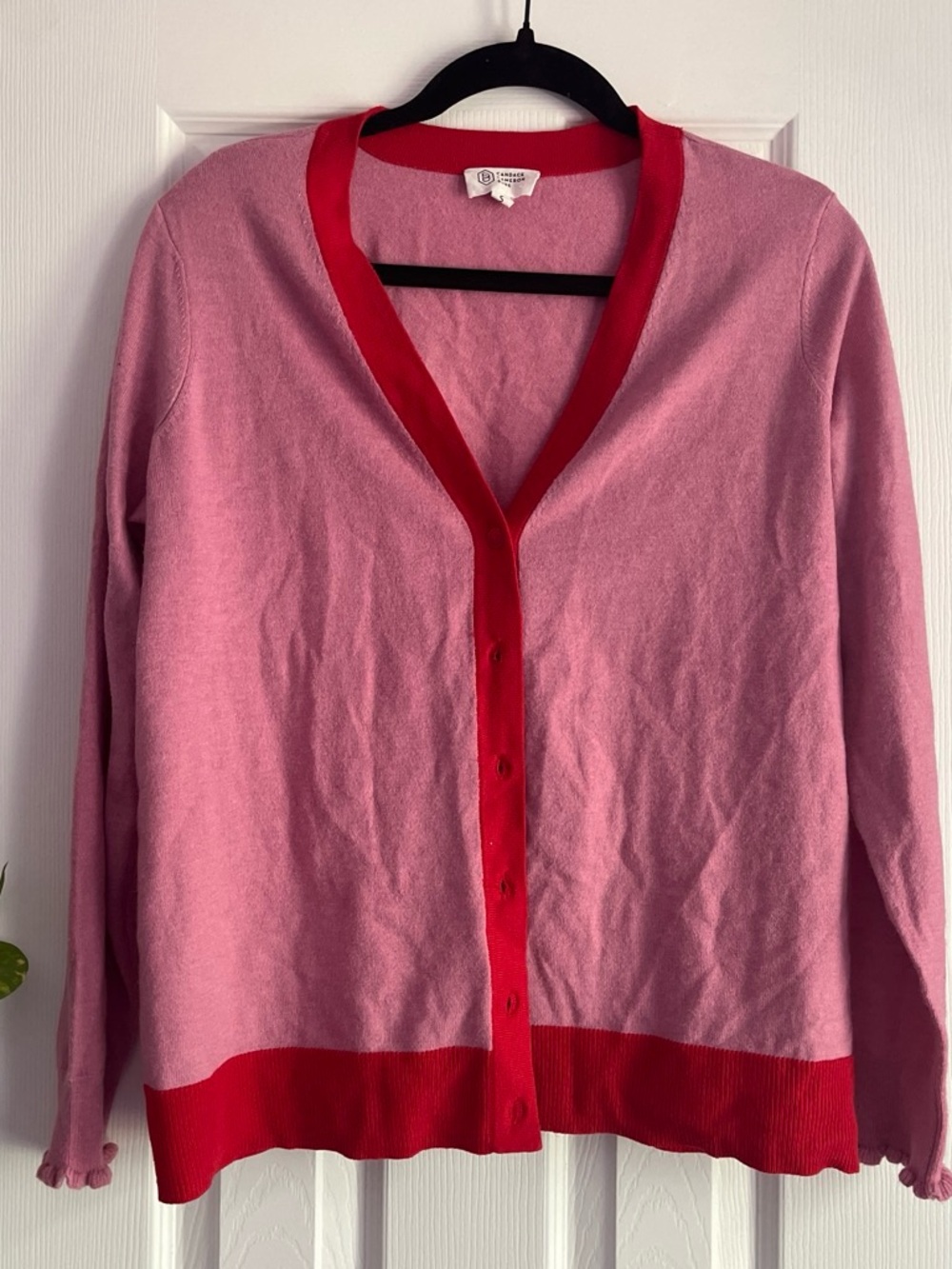 Candace Cameron Bure Pink Cardigan with Red Trim
